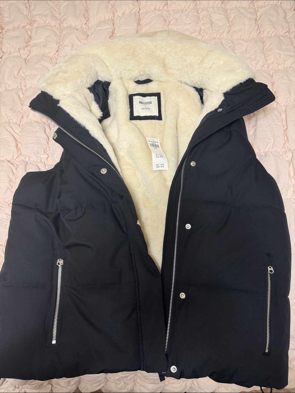 Hollister Black Puffer Jacket with Cream Sherpa Hood